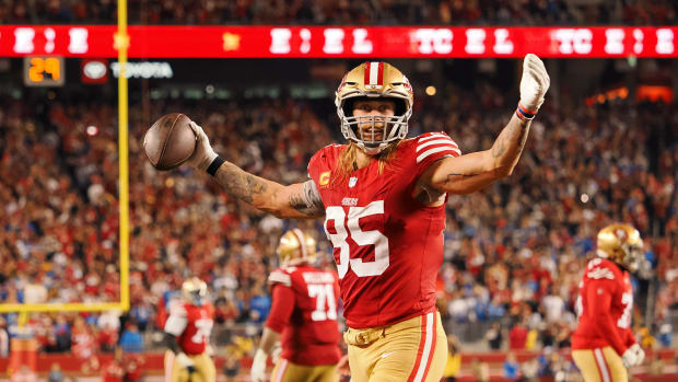 San Francisco 49ers tight end George Kittle (85) reacts after a play against the Detroit Lions during the second half of the NFC Championship football game at Levi's Stadium.